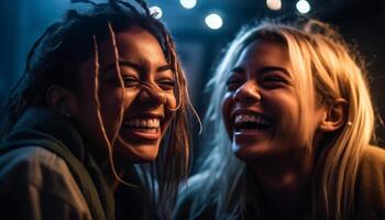 joven adultos disfrutar la vida nocturna, sonriente despreocupado juntos generado por ai foto