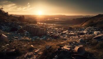 puesta de sol terminado abandonado granja, contaminado rural paisaje generado por ai foto