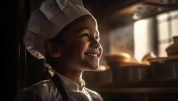 sonriente niño cocinero en uniforme horneando orgullosamente generado por ai foto