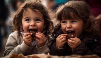 Smiling Caucasian siblings enjoying chocolate outdoors in winter generated by AI photo