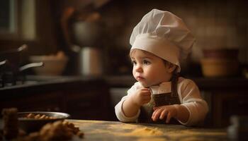 linda caucásico niño cocinero horneando galletas adentro generado por ai foto