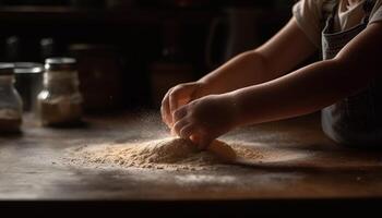 niño mano rollos masa para hecho en casa galletas generado por ai foto