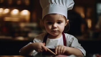 Smiling child chef learning cooking with joy generated by AI photo