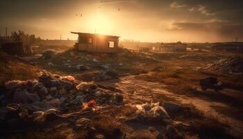 Abandoned hut in ruined landscape, environmental damage evident generated by AI photo