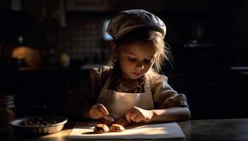 Cute Caucasian girl baking cookies in kitchen generated by AI photo