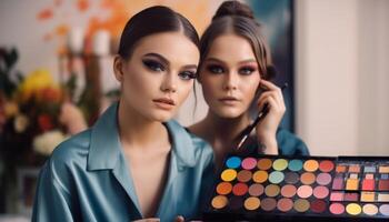 Two females applying multi colored make up indoors generated by AI photo