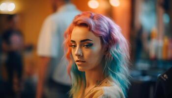 Beautiful young woman exudes confidence in nightlife generated by AI photo