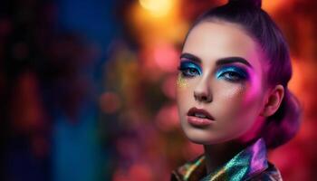 Young woman's vibrant make up shines on stage generated by AI photo