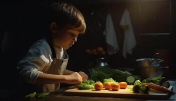 Smiling child prepares healthy vegetarian meal indoors generated by AI photo
