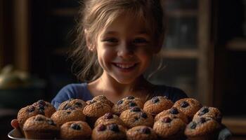 linda caucásico niña disfrutando hecho en casa chocolate mollete bocadillo generado por ai foto