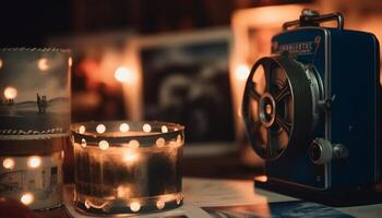 Glowing candle on old table brings warmth generated by AI photo