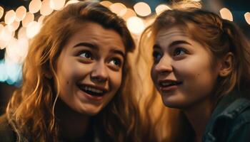 Two young women enjoy summer nightlife outdoors generated by AI photo