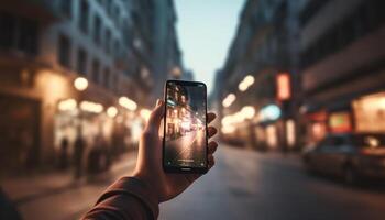 Hand holding smartphone captures city nightlife scene generated by AI photo