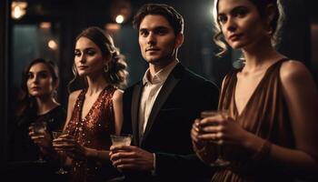 Young adults enjoying nightlife at elegant bar generated by AI photo