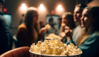 Young adults enjoying movie theater snacks together generated by AI photo