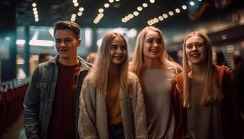 Young adults smiling, enjoying nightlife and togetherness generated by AI photo