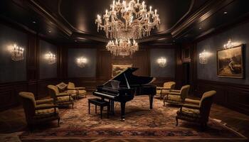 Majestic piano shines on elegant stage flooring generated by AI photo