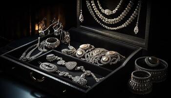 Elegant jewelry collection in antique wooden box generated by AI photo