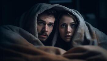 Young couple embracing in dark spooky bedroom generated by AI photo