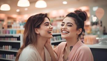 Two young women smiling, bonding indoors together generated by AI photo