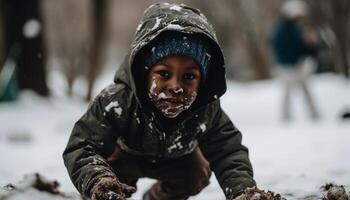 Smiling child playing in the wet snow generated by AI photo