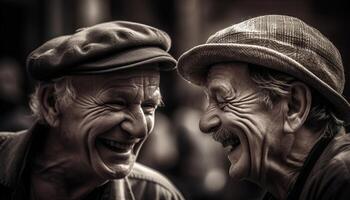 Smiling seniors in black and white portrait generated by AI photo