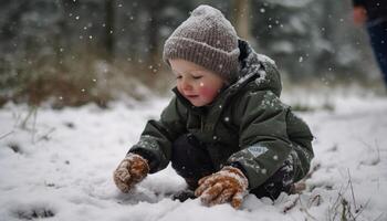 Smiling Caucasian toddler enjoys winter forest walk generated by AI photo