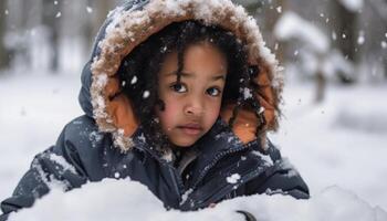 sonriente niño obras de teatro en nieve, disfrutando invierno generado por ai foto