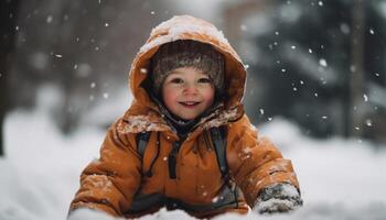 Smiling child plays in snowy forest beauty generated by AI photo