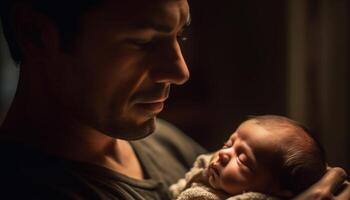 Father embracing newborn son, love and bonding generated by AI photo