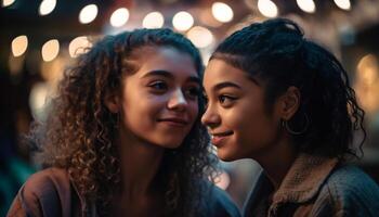 Young adults embracing, smiling, enjoying nightlife together generated by AI photo