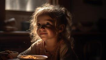 linda caucásico niñito disfruta comida en cocina ventana generado por ai foto