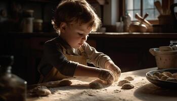 Cute Caucasian child kneading dough for homemade cookies generated by AI photo