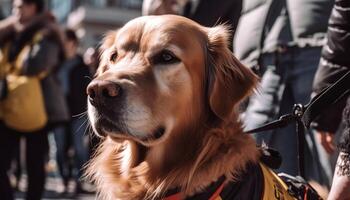 Cute puppy and owner walking outdoors, smiling generated by AI photo