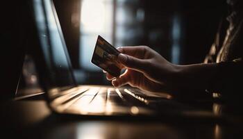 uno persona pago con crédito tarjeta en línea generado por ai foto