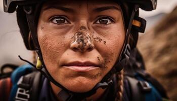 sonriente atleta en Deportes casco disfruta al aire libre aventuras generado por ai foto