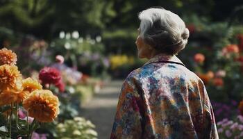 sonriente mayor mujer caminando en hermosa jardín generado por ai foto