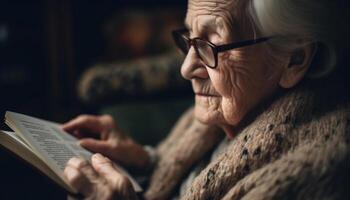 Serene senior woman enjoys reading Bible indoors generated by AI photo