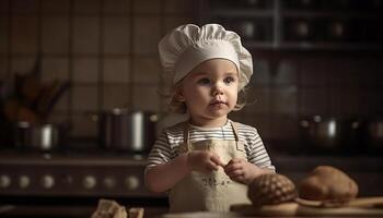 Cute chef toddler kneading dough with joy generated by AI photo