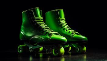par de negro Deportes Zapatos con verde cordones generado por ai foto