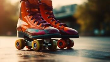sucio Deportes zapato en patineta rueda, extremo divertido generado por ai foto