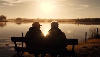 Senior couple embracing on tranquil sunset bench generated by AI photo