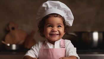 linda niño horneando galletas en Doméstico cocina generado por ai foto