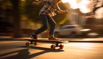 joven mujer Ollies patineta en ciudad luz de sol generado por ai foto