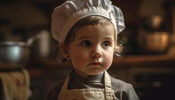 Cute toddler boy learning to cook with family generated by AI photo
