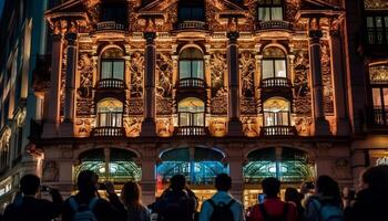 City skyline illuminated at dusk, tourists walking generated by AI photo