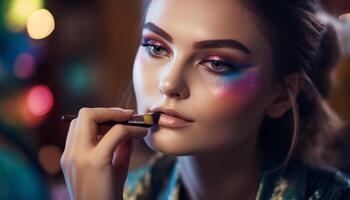 Beautiful young woman with colorful stage make up generated by AI photo