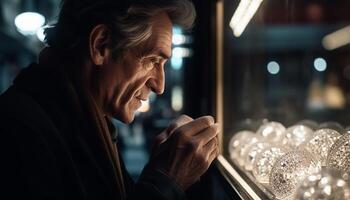 Smiling senior man holding drink at bar generated by AI photo