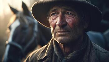 Senior cowboy on ranch with horse portrait generated by AI photo
