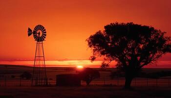 Sunset silhouette of windmill on rural farm generated by AI photo